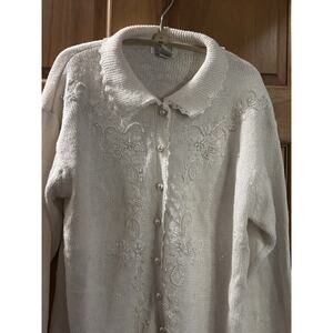 VTG Sellecca Cardigan S White Pearl Embro Beaded Cardigan Sweater Cottagecore